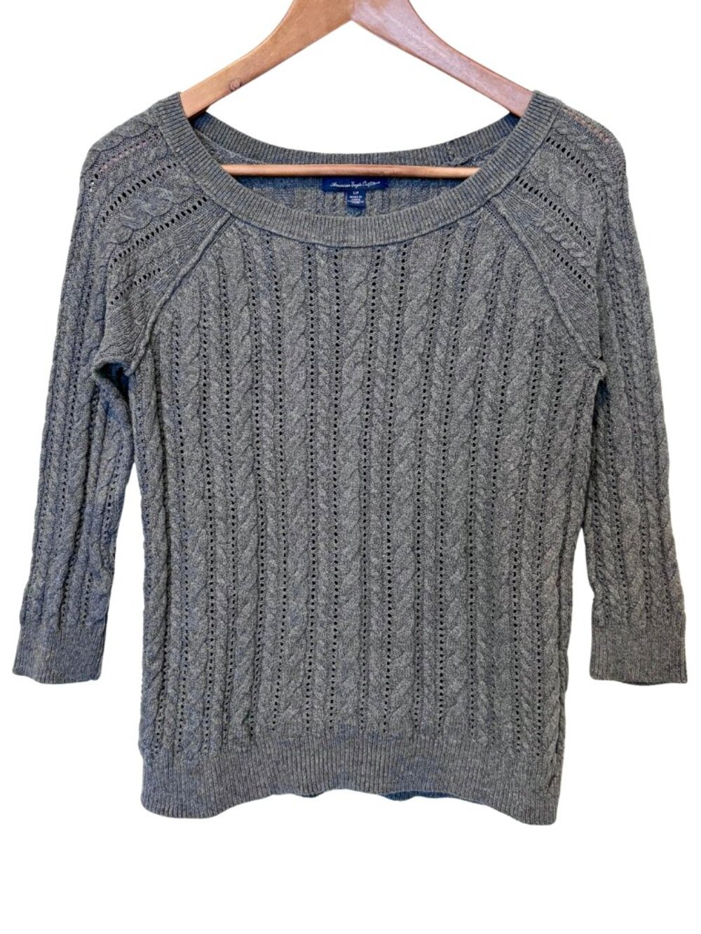 American Eagle Grey Cable Knit 3/4 Sleeve Pullover Sweater – S